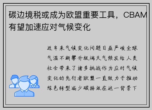 碳边境税或成为欧盟重要工具，CBAM有望加速应对气候变化