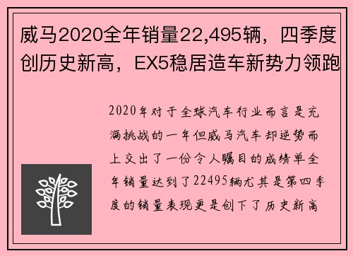 威马2020全年销量22,495辆，四季度创历史新高，EX5稳居造车新势力领跑者